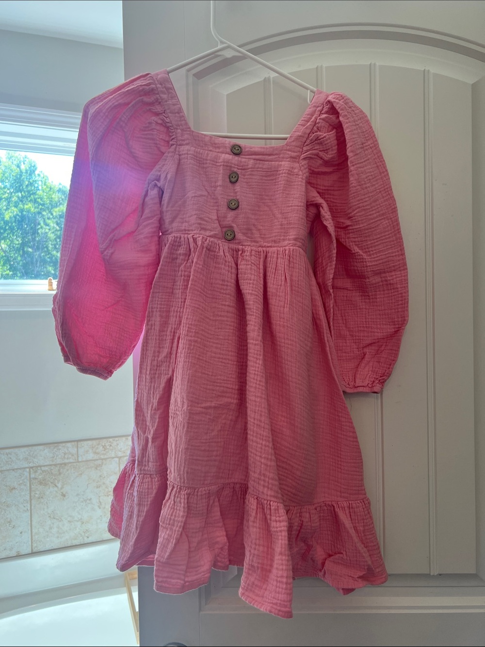 Cheeky Plum Girls’ Pink Puff-Sleeve Cotton Gauze Dress